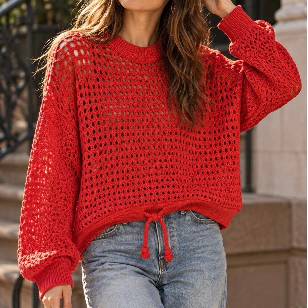 Sweaty Betty Tides High Open Knit Crew Neck Cotton Sweater Red Size Small